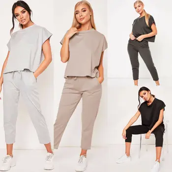 

New Ladies Women Summer Casual Two Piece Set Wear Tracksuit Blouse Tops +Long Pant Clothes Set