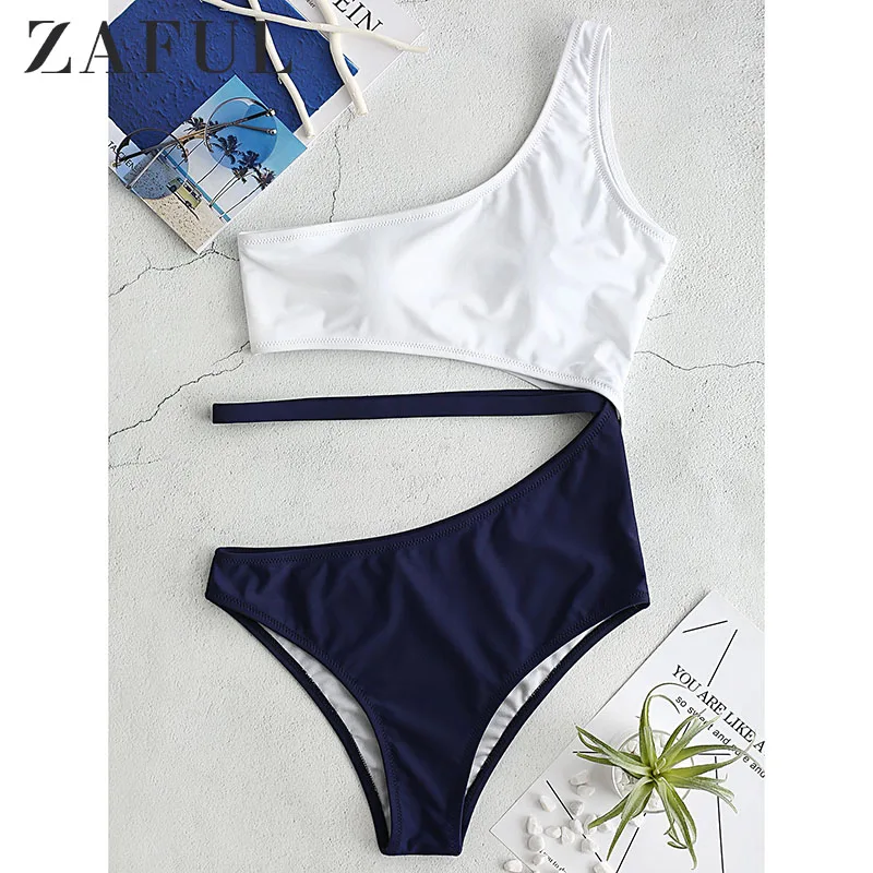 

Two Tone Cutout One Shoulder Swimsuit