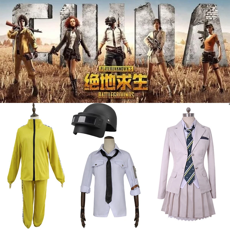 

PUBG Cosplay Costume Playerunknown's Battlegrounds White Skirt Long sleeve Shirt tie yellow clothe group sports Top + pants suit