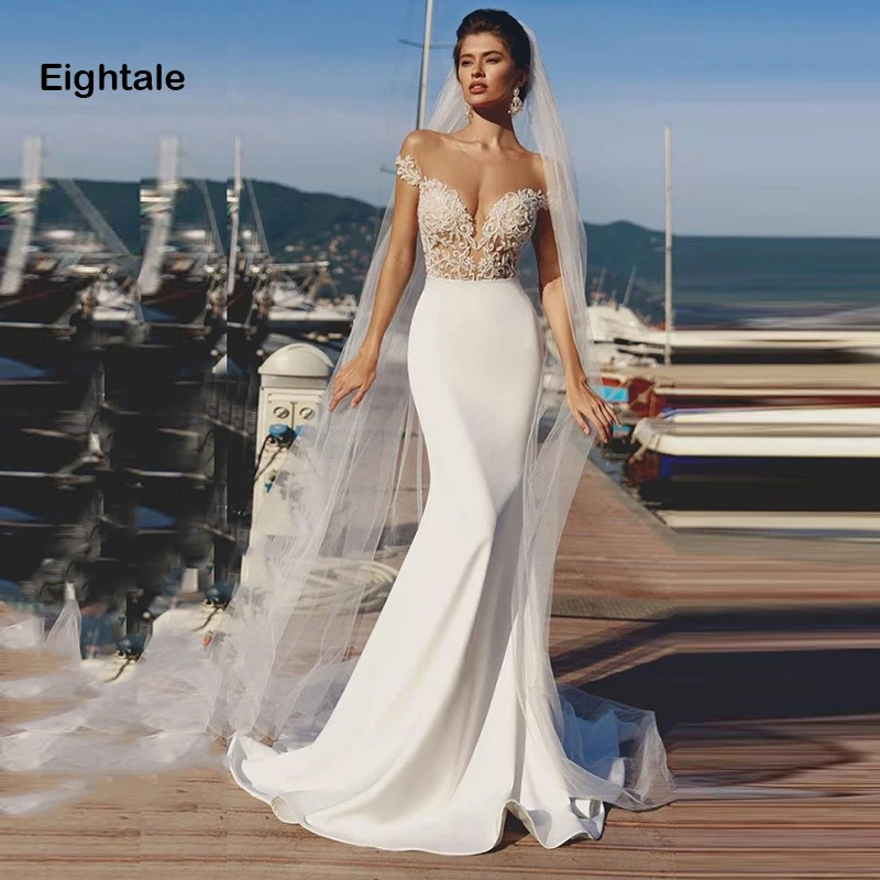 

Eightale Mermaid Wedding Dresses 2019 O Neck See Through Back Appliqued Boho Bride Dress Sexy Wedding Gown Free Shipping