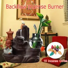 Держатель для благовоний с обратным потоком, керамический маленький монах, Маленький Будда, водопад, ваза, сандаловое дерево, курильница, домашний декор с 10 конусами