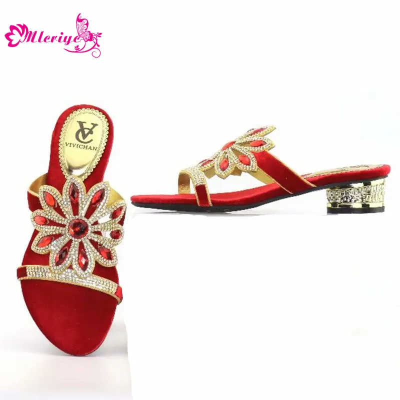 

2019 Red Color New African Women Rhinestone Slippers Shoes Summer Fashion Low Heels Casual Silpper Shoes Free Shipping By DHL