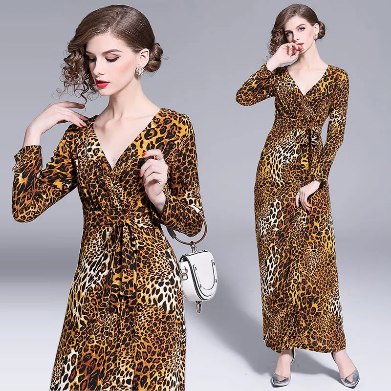 Women Dress Autumn 2019 Ladies Leopard Print Dresses Sexy Women V Neck Long Sleeve Midi Dress Womens Dresses Fall Evening Party