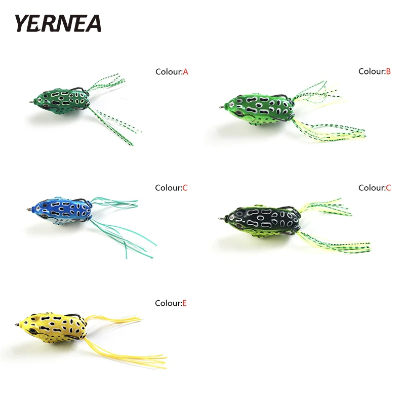 

Yernea 1pcs 5 Colors Fishing Lures Soft Tube Bait Plastic Frog Lure Treble Hooks Topwater Ray Frog 5.5cm Artificial Soft Bait