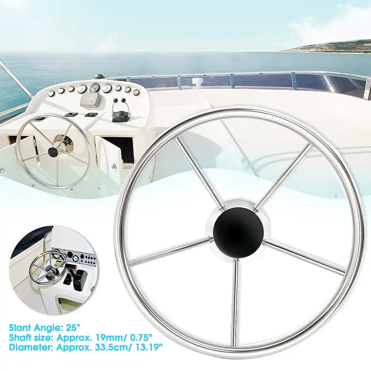 

5 Spoke Boat Steering Wheel 33.5cm 25 Degree For Marine Yacht Silver Polished 316 Stainless Steel Black Plastic Center Cap