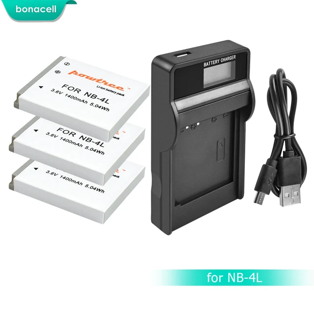 Bonacell 1400mAh NB-4L NB4L NB 4L Battery Bateria+LCD Charger for Canon IXUS 30 40 50 55 60 65 80 100 PowerShot SD1000 1100 L10 4