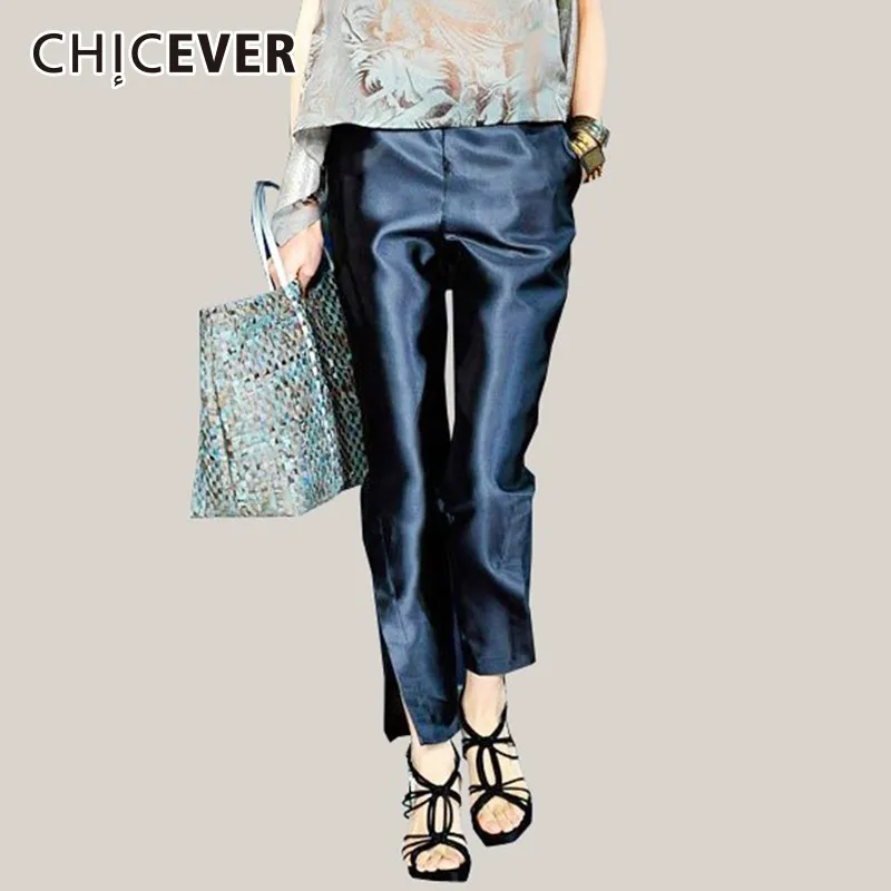 

CHICEVER Spring Autumn Trouser For Women Low Waist Causal Hem Split Black Elastic Ankle Length Pants For Women Fashion