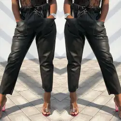2019 модные для женщин Высокая талия повседневное Drawstring эластичные длинные брюки для девочек дамы черный карандаш мотобрюки с карманом