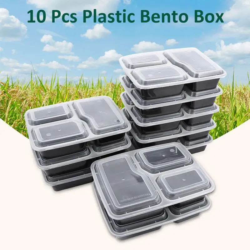 

10PCs Plastic Lunch Box Storage Food Preparation 3 Reusable Microwave Container Home Lunch Box Microwavable Containers Home Lunc