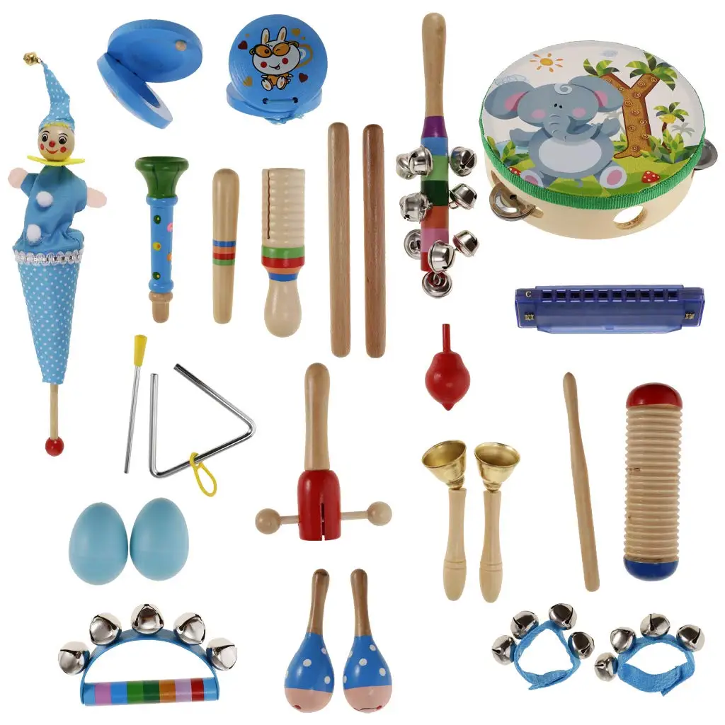 

22 Pcs Musical Instruments Set Wooden Rattle Maracas Castanet Early Learning Educational Toys for Children Toddler Kids