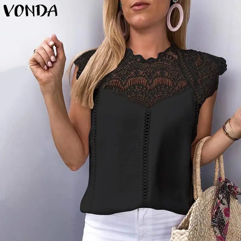 VONDA, сексуальная женская летняя блузка без рукавов, кружевная рубашка, Офисная Женская рубашка, открытые вечерние топы, Белые блузы размера плюс