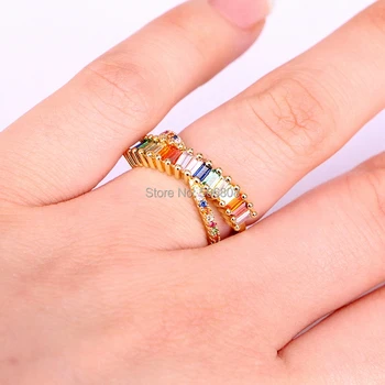 

ZYZ-R9959 Gold color fashion rainbow eternity band rings baguette cz engagement ring for women charm jewelry