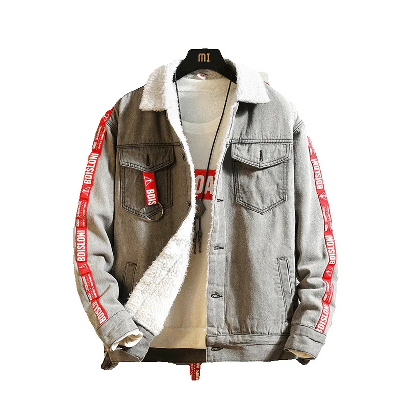 #7418 Winter Lamb Fleece Thick Denim Jacket Men Warm Letter Ribbons Streetwear Slim Bomber Jeans Jacket Homme Plus Size XXXL