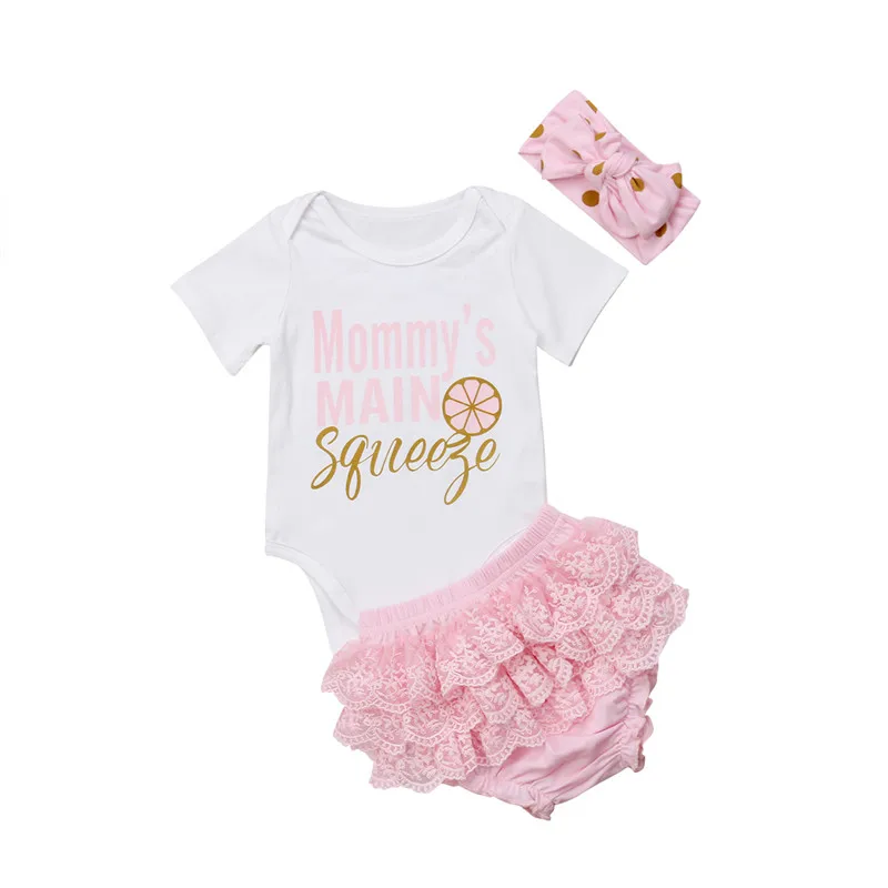 Sweet Pink Lace Baby Girls Clothes Sets 3pcs Summer Short Sleeve