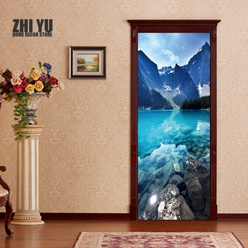 

3D Wooden Doors Refurbish Mountain lake Landscape Door Decals Self Adhesive Decorative Waterproof Wall Decal Mural Wallpaper
