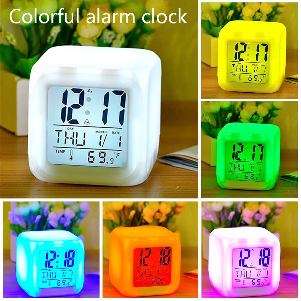 

White Screen Colorful Clock Creative Color Changing Alarm Clock Silent Electronic Clock (excluding batteries)