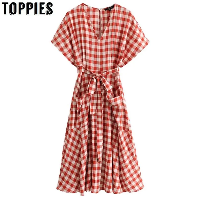 

2019 Vintage Red Plaid Long Dress Short Sleeve Button Women Summer Dress Lace-up Waist robe longue