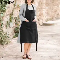 VONDA женское платье 2019 Лето VintageCotton квадратный вырез карманы однотонные платья фартук повседневные свободные по колено Vestidos плюс размер