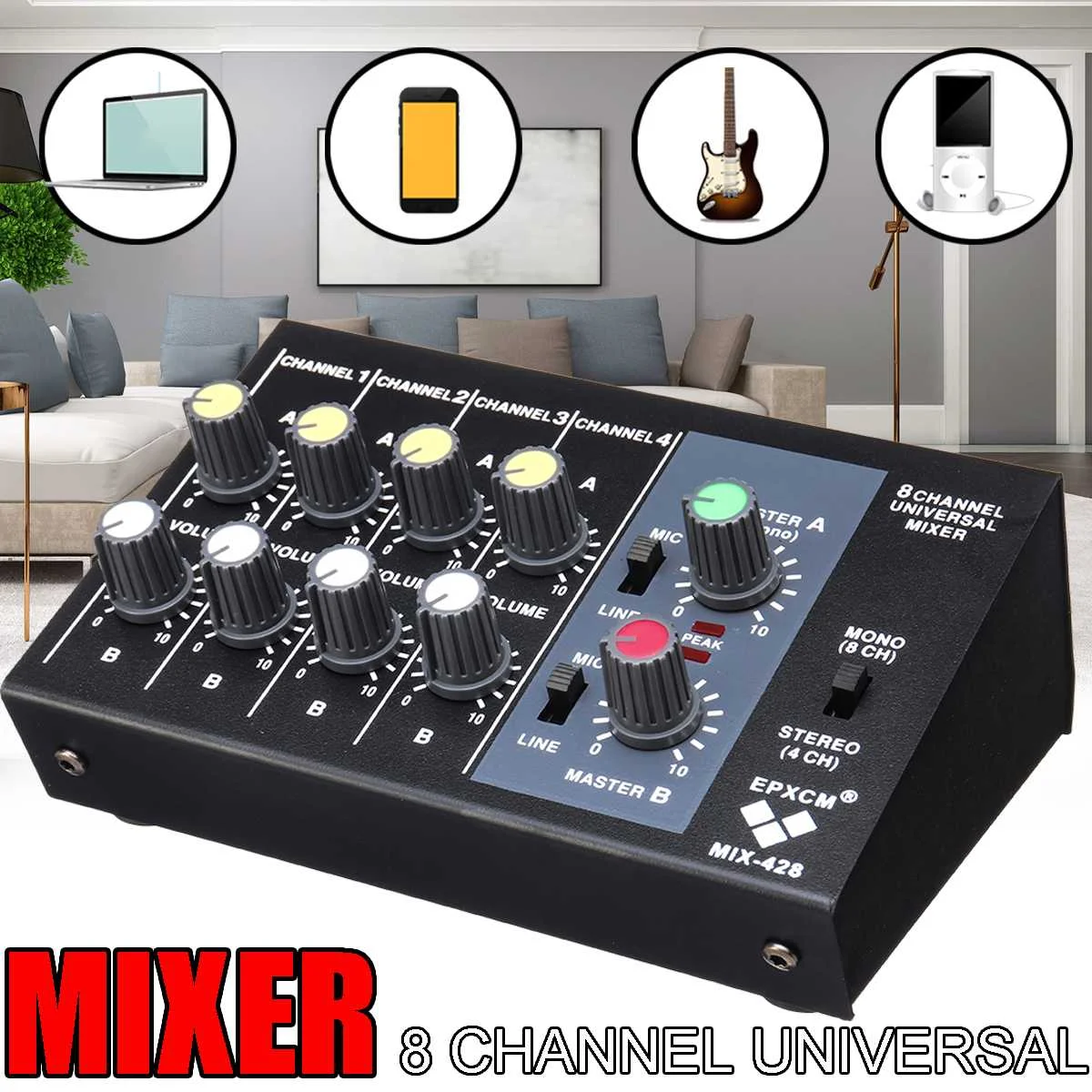 

Professional Mixing Console 8 Channels Portable Digital Instrument Mic Stereo Audio Sound Mixer Amplifier for Karaoke Live Match