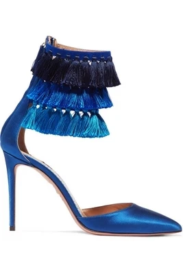 

Newest Design Women Blue Satin Leather Pointed Toe Sandals Ankle Wrap Rivets Embellished High Thin Heel Dress Shoes Back Zipper