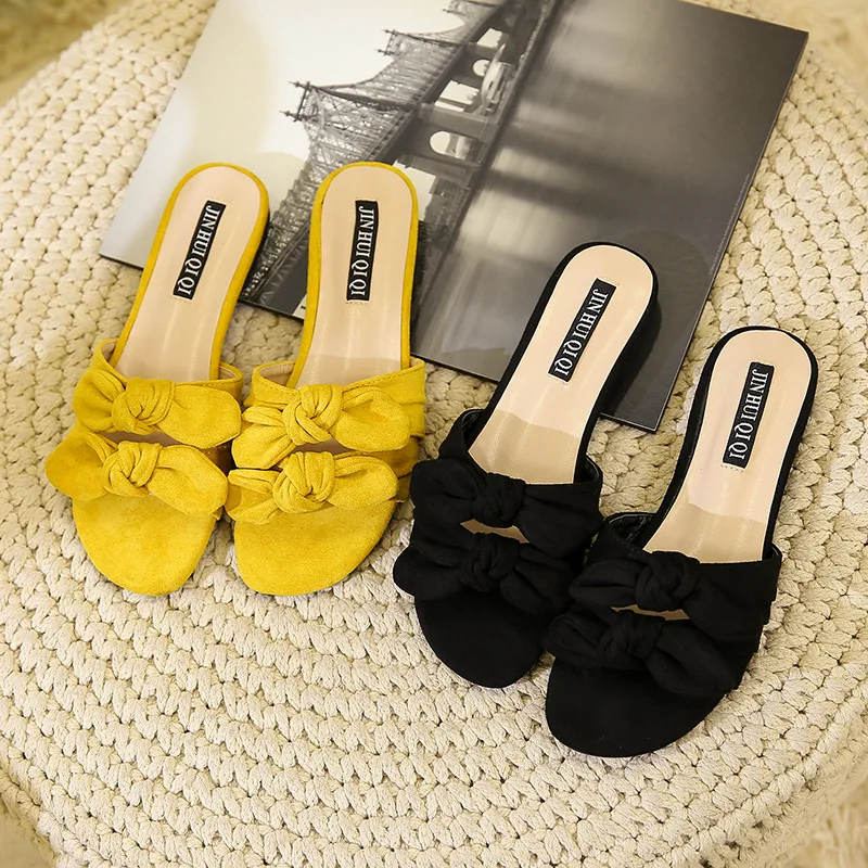 

Carole Levy 2019 The New Design Fashion Flat With Cozy Girl Summer Shoes Solid Slipper Student Yellow Black Bow-knot Slides Shoe