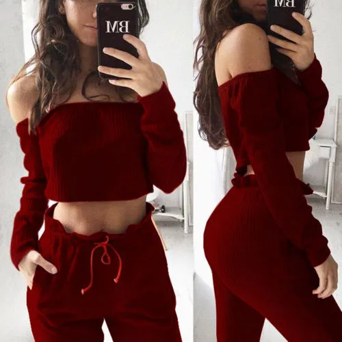 

Slash Neck Women Crop Top Blouse Long Sleeve Red Off Shoulder Shirt Pants Leggings Trouser Outfit