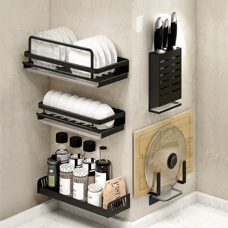 

Punch-free Kitchen Rack DIY Kitchen Shelf Space Aluminum Storage Holder Bowl Dish Racks Multifunction Kitchen Organizer