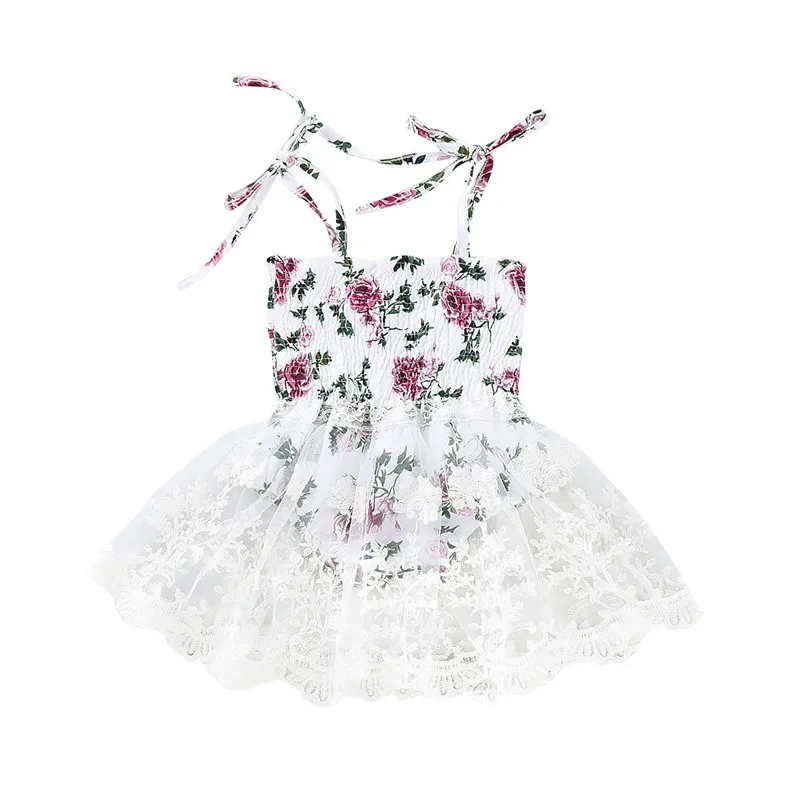 

Summer Boho Cute Infant Kids Baby Girls Romper Bandage Sling Dress Sleeveless Flowers Print Lace Patchwork Tulle Dress Sundress