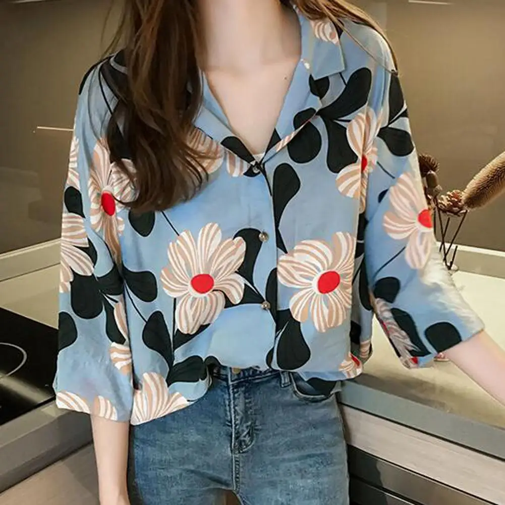

Spring Autumn Vintage Blouses Tops Flower Print V Neck 3/4 Sleeve Women Loose Casual Office Streetwear Blouse Top For Ladies