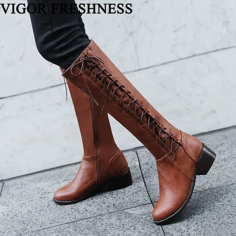 

VIGOR FRESHNESS Boots Women Shoes Warm Long Boots Woman Knee High Boots Autumn Shoes Sexy Winter Boots Cross-tied Heels MY81