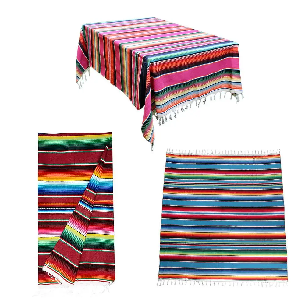 

1 Pcs 3 Color Mexican Style Tassel Tablecloth Rainbow Pattern Cotton Color Strip Shawl Carnival Blanket Party Wedding Decoration