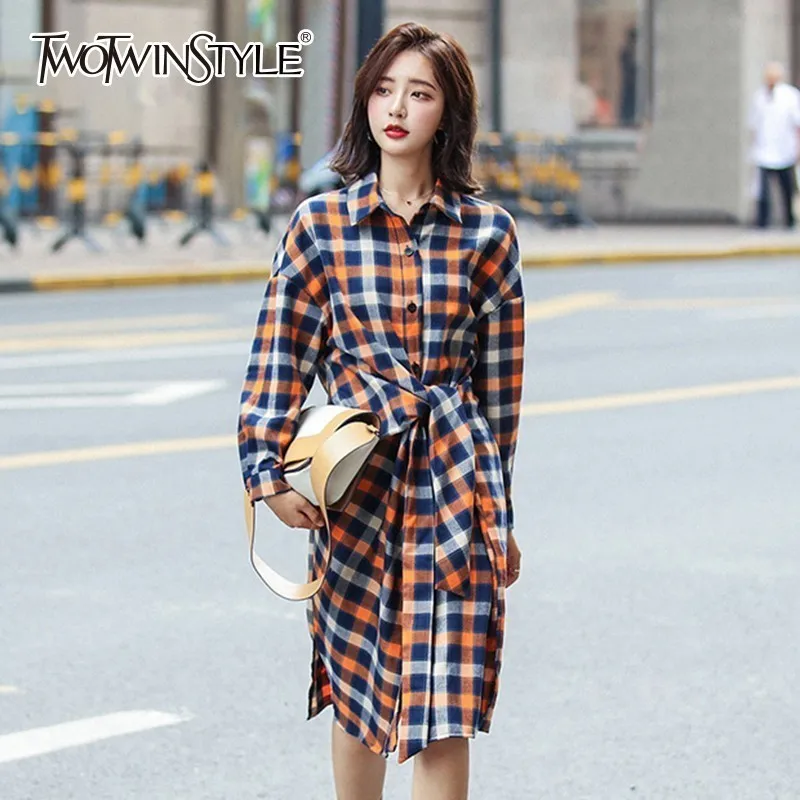 TWOTWINSTYLE Plaid Shirt Dress Women Long Sleeve High Waist Lace Up