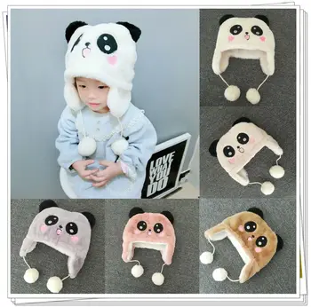 

New Style Baby Kids Child Cute Winter Warm Cartoon Panda Hats Furry Pompom Ball Cap for Photography Velvet Lovely Soft Hats