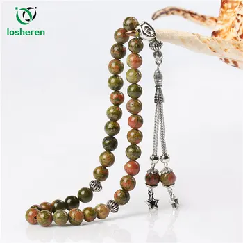

LOSHEREN 8mm Flower Green Stone Tassel Bracelets 33 Prayer Beads Islamic Muslim Tasbih Allah Mohammed Rosary For Women Men