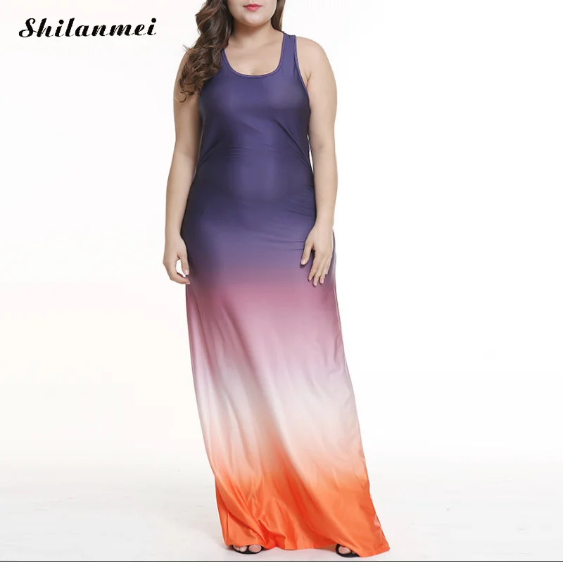 Плюс размер S-5XL Высокая талия Радужное платье выше размер без рукавов ремень свободное платье длиной до пола фиолетовое повседневное Femme
