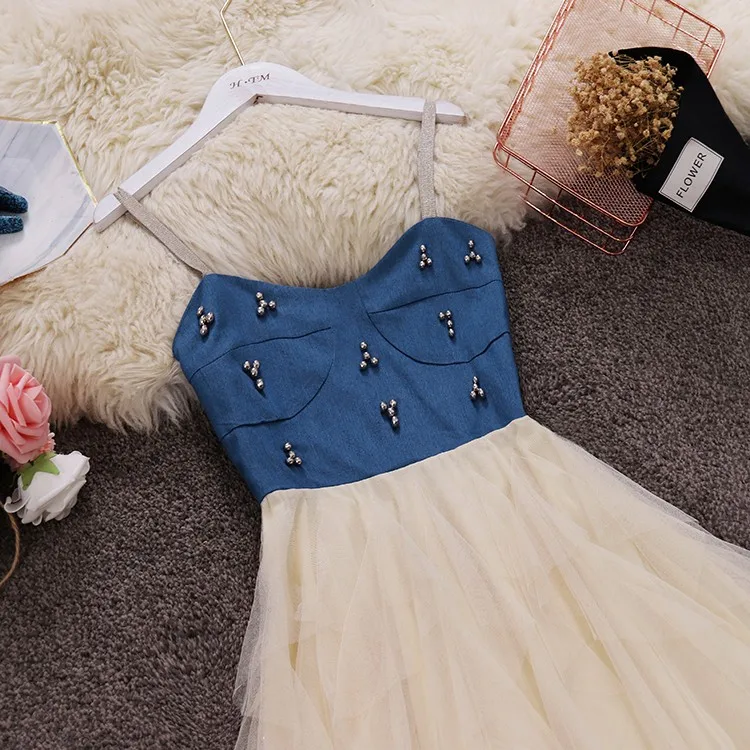 New Women Beading Denim Mesh Patchwork Strap Dresses Summer Jean Mesh Tank Dress Vestidos