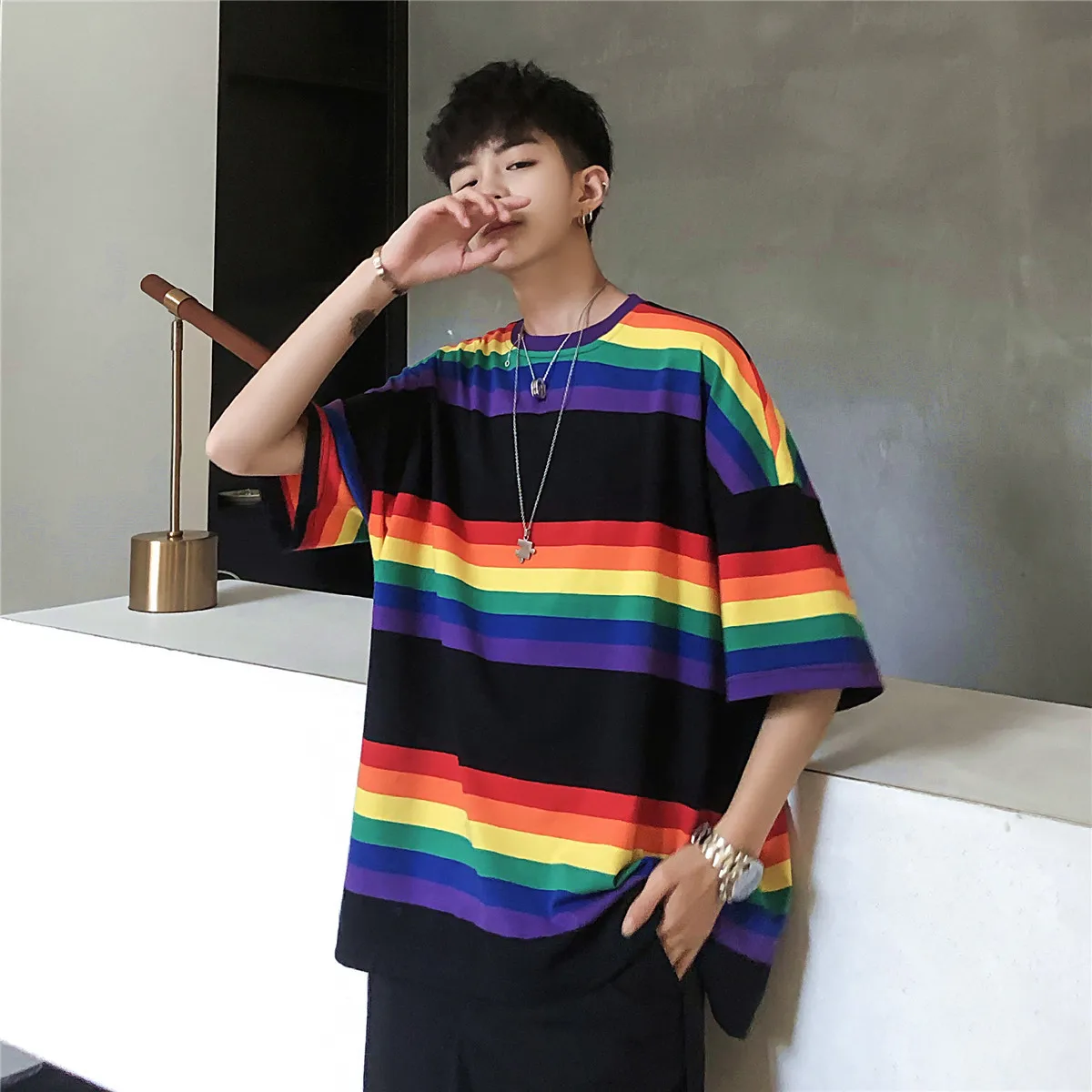 

2019 Summer Full Cotton Print Stripe Hit Color Short Sleeve T shirt men tracksuit t-shirt Fashion Casual tops
