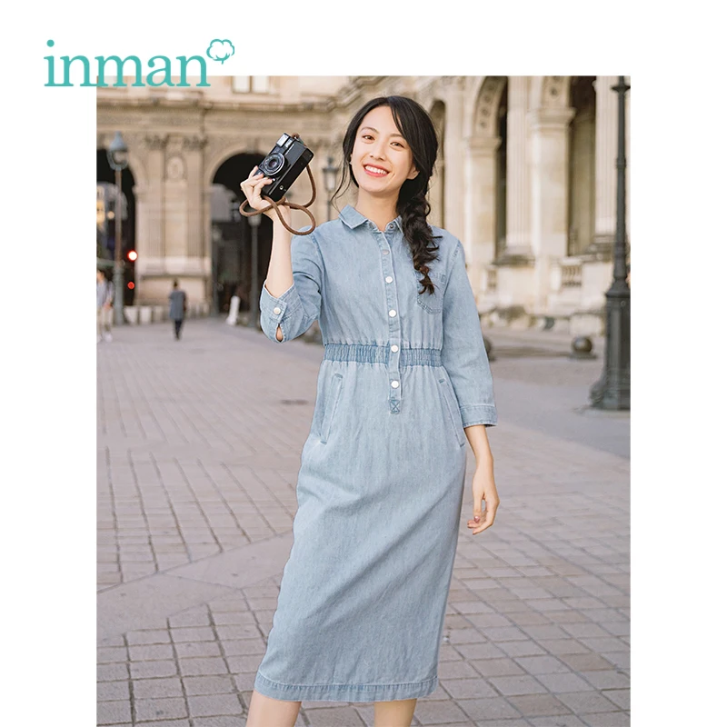 

INMAN 2019 Spring New Arrival Turn Down Collar Literary Retro Defined Waist Slim Casual Three-quarter Sleeves Women Cowboy Dress
