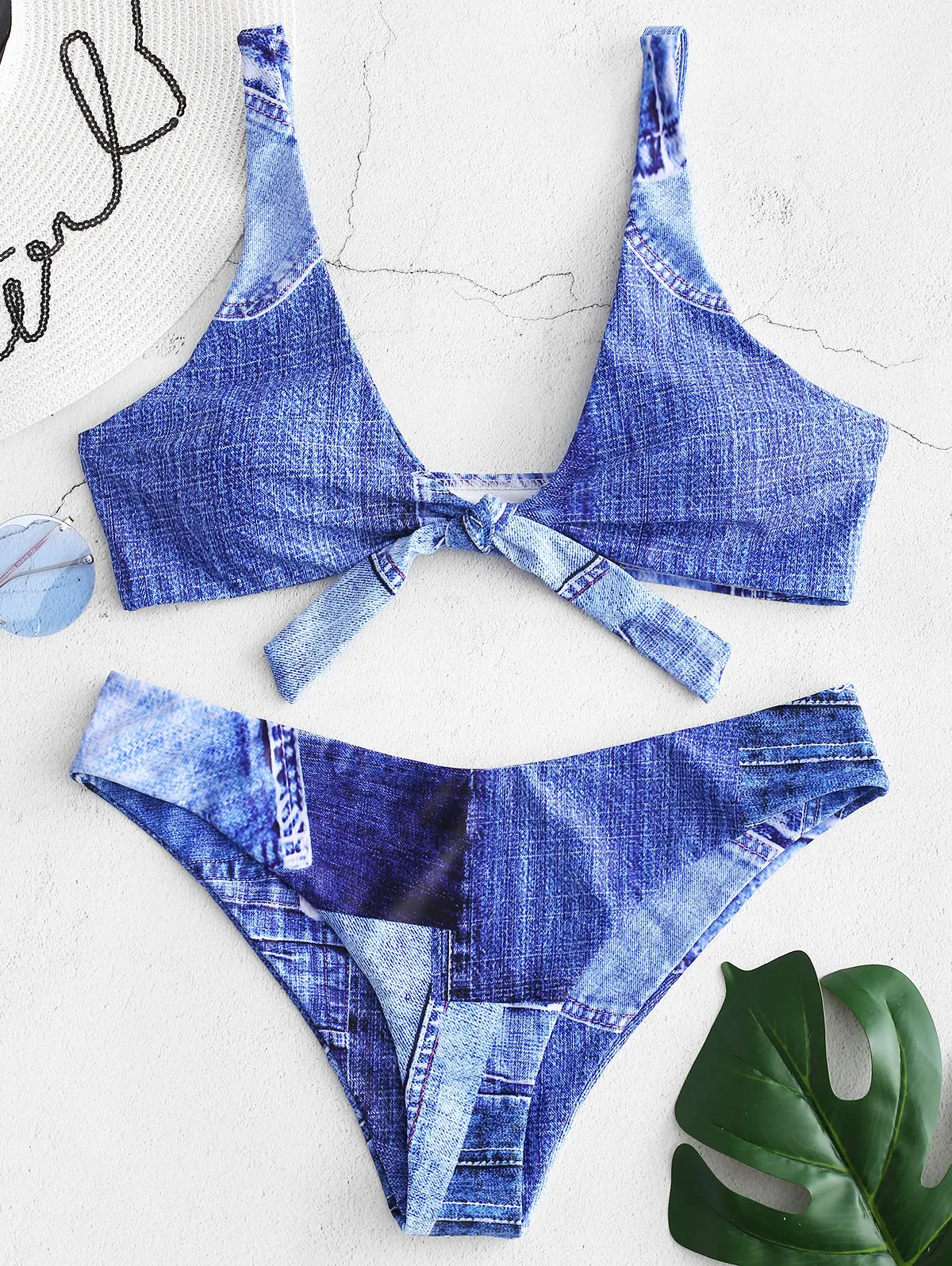Belleziva Casual Denim Print Plunge Bikini Set Plunging Neck Fashion Bathing Suit 2019 Ladies