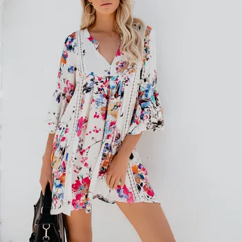 

Summer New Pattern Printing Hollow Out V Neck Horn Sleeve Woman Shirt Tshirt