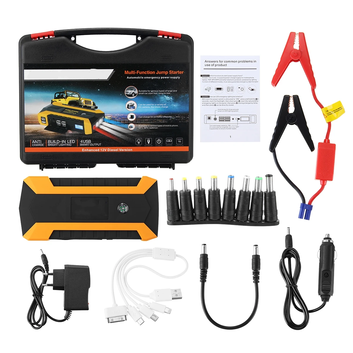 Practical 89800mAh 12V 4USB Car Battery Charger Starting Car Jump Starter Booster Power Bank Tool Kit For Auto Starting Device