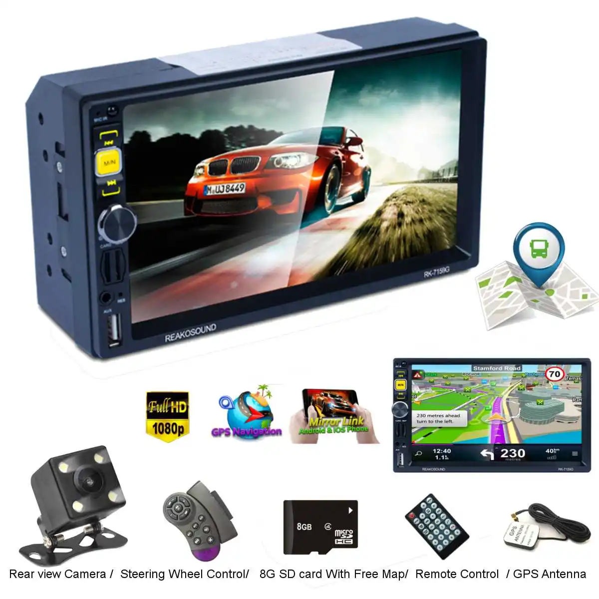 

7'' GPS HD Mp3 Mp5 Player Stereo Radio Car bluetooth FM RDS Quick Charge Mirror Link Cam SWC Remote Car Monitor DVD Car Screen