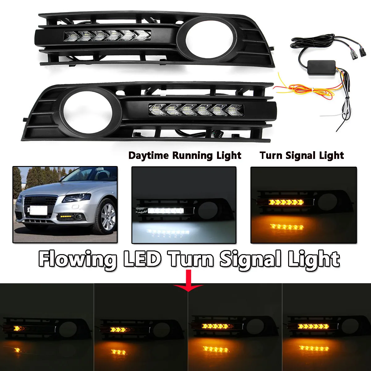  High quality Flowing LED Mesh Fog Light Cover Grille Left & Righ For Audi A4 B6 2002-05 Open Vent G - 32973427269