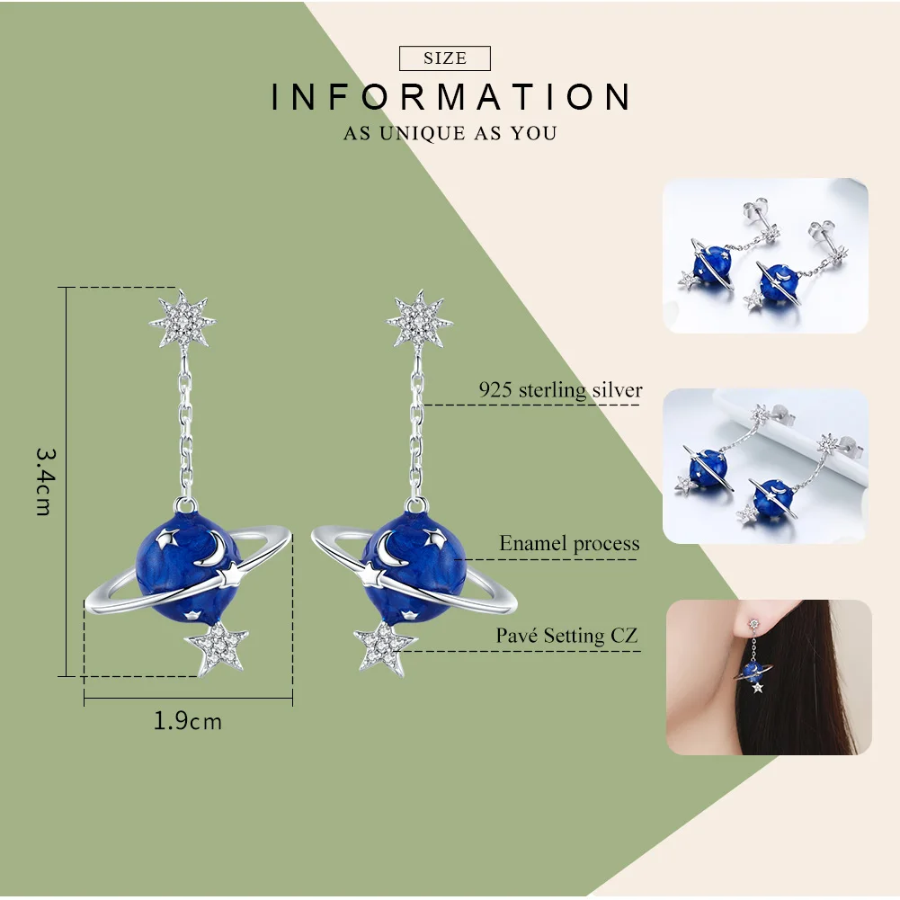 Cena BAMOER 925 srebro Secret Planet Moon kolczyki wiszące w kształcie gwiazdki dla kobiet czysta cyrkonia srebro biżuteria BSE016