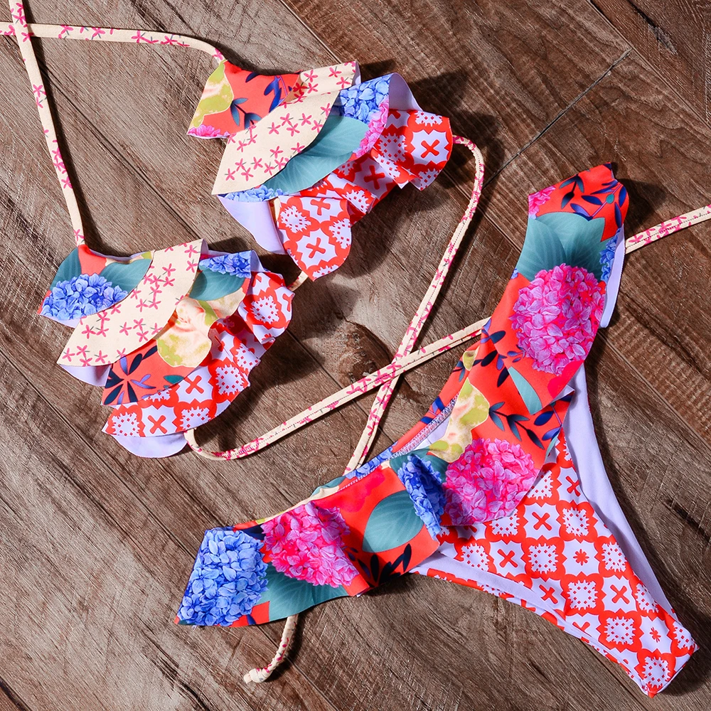 

Sexy women bikini push up 2019 swimwear summer halter top swimsuit bandage printed bathing suit female floral hollow swim wear