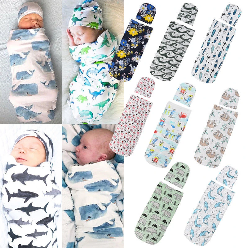 

100% Cotton Newborn Wrap+Hat 2Pcs Cartoon Animal Print Baby Wrap Swaddle Muslin Swaddling Sleeping Bag Set New Born Photography