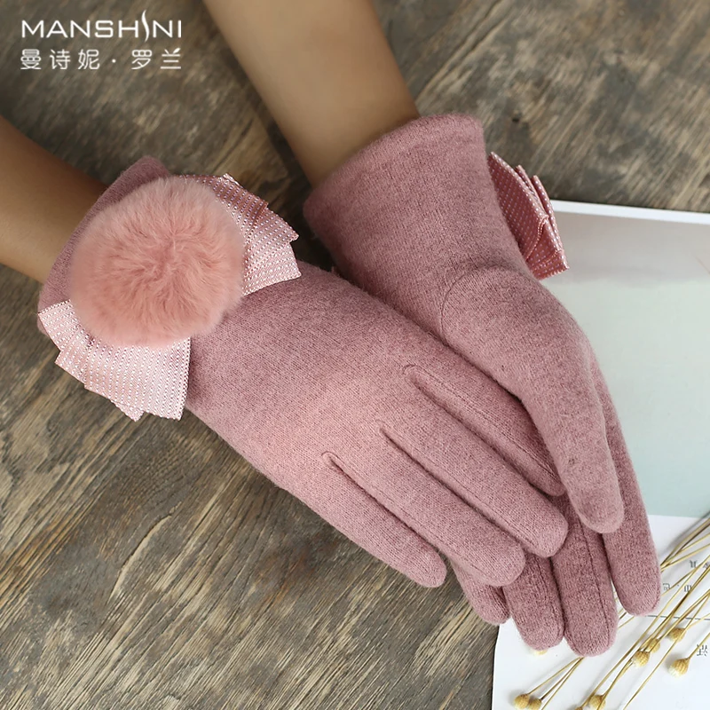 Wool gloves winter rabbit hair ball plus velvet warm driving telefingers gloves woman solid touch screen gloves winter 0817