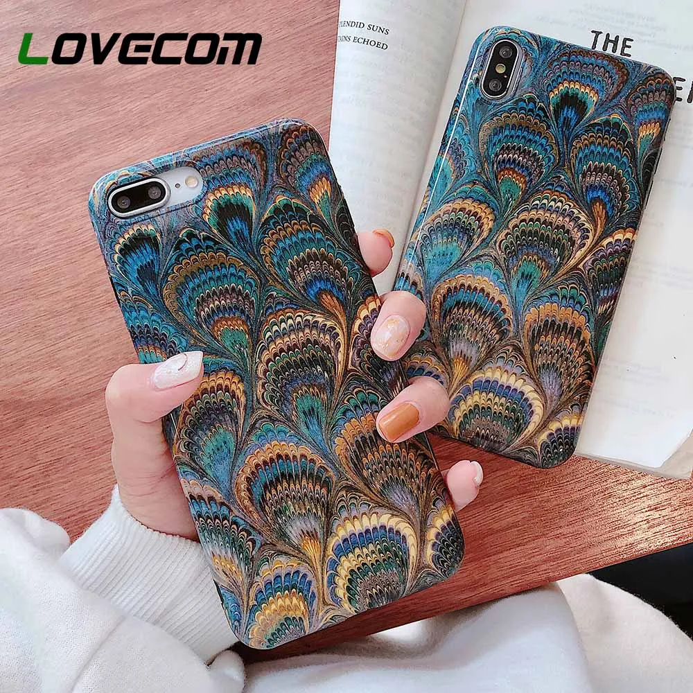 

LOVECOM Retro Peacock feathers Case For iPhone X XS Max XR 6 6S 7 8 Plus Full Body Glaze Soft IMD Phone Back Cover Gift