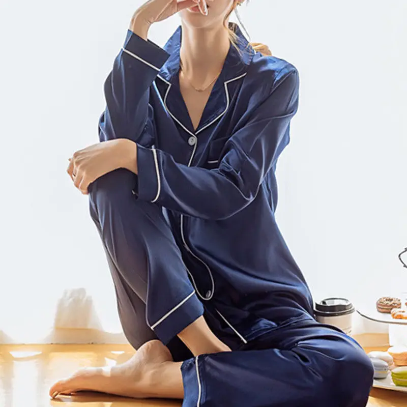 

Women Satin Silk Pajamas Set Long Sleeve Shirt Tops Long Pants Set Sleepwear Home Suit Nightwear