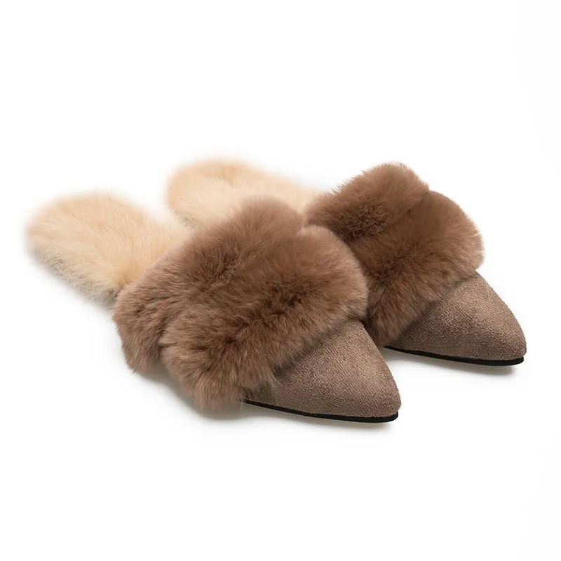 Warm Winter Outside Fur Mules Shoes Woman Fur Flip Flops Soft Fur Balls Slides Pointed Toe Mules 